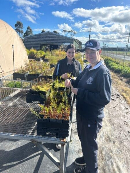 Two students in school uniform inspect young plants on a metal cart at a nursery, with a greenhouse in the background under a blue sky.
